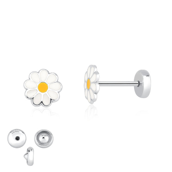Brinco De Prata Infantil Florzinha Com Resina Colorida