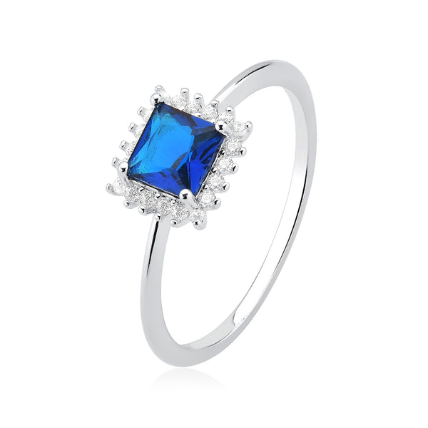 Anel Kate pedra azul Safira quadrada cravejada ao redor