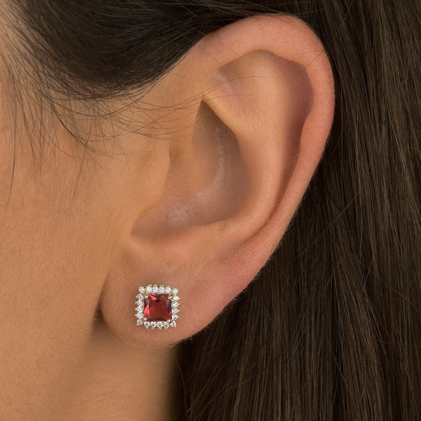 Conjunto colar e brinco com pedra quadrada RUBY e cravejado
