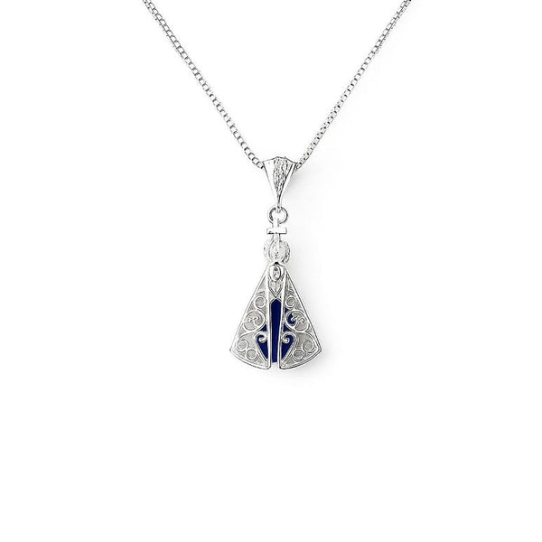 Colar Feminino Pingente Nossa Senhora Aparecida Prata Legítima 925 Pedra Safira Azul Cravejado Delicado Manto Sagrado