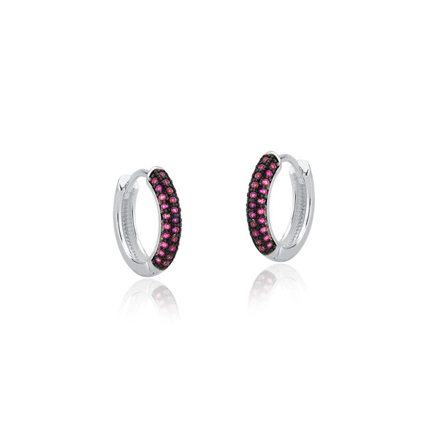 Brinco De Prata Argola Click  - Trio - 3 Fileiras de Zircônia Ruby - Médio